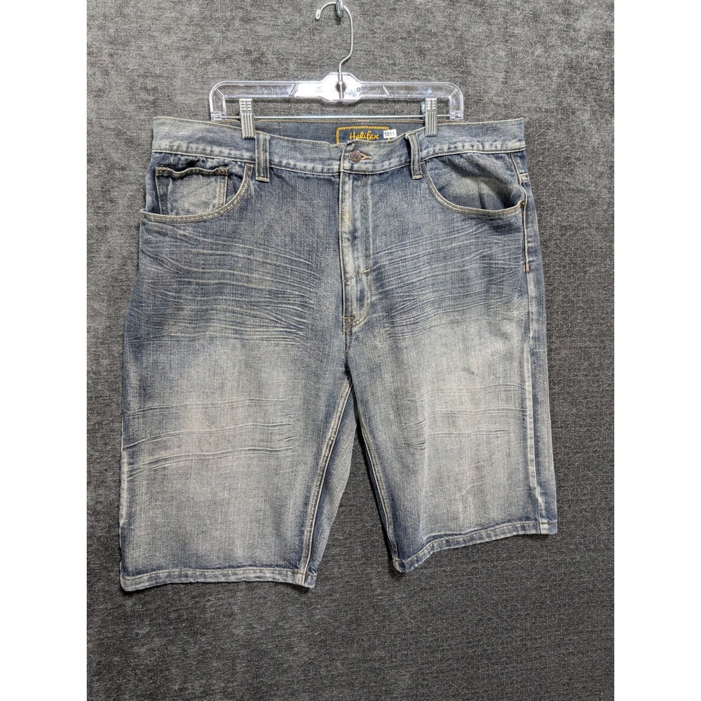 Halifax Mens Denim Shorts Size 42 Blue Medium Wash Faded Whiskered Jean Shorts